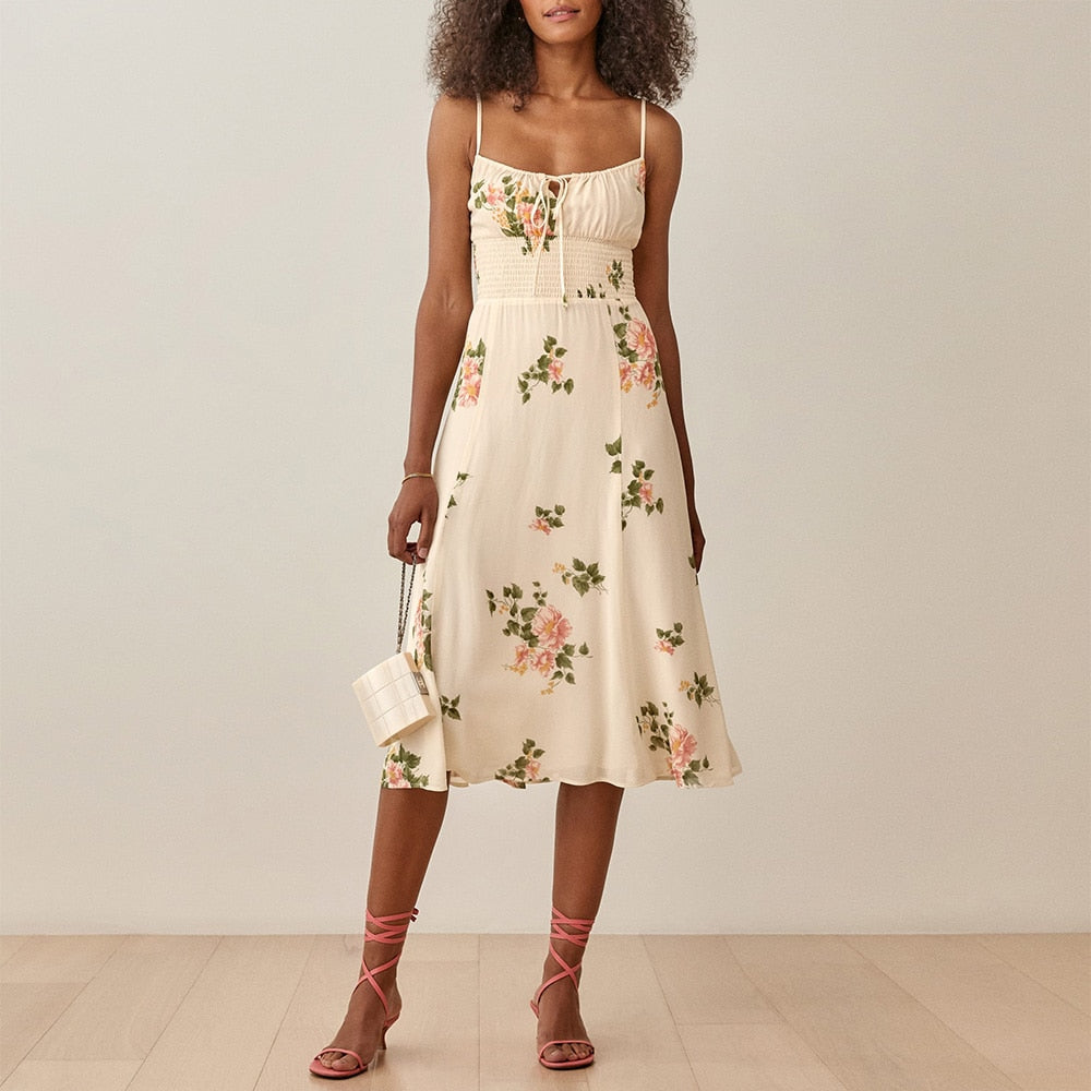 Women Summer Smocked Elastic Waist Tie Neck Sleeveless Spaghetti Strap Beach Dress