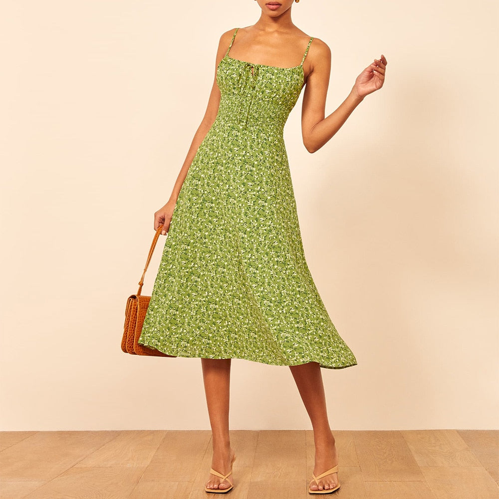 Women Summer Smocked Elastic Waist Tie Neck Sleeveless Spaghetti Strap Beach Dress