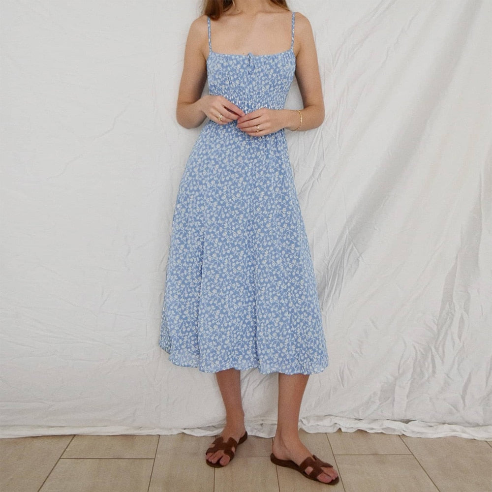 Women Summer Smocked Elastic Waist Tie Neck Sleeveless Spaghetti Strap Beach Dress