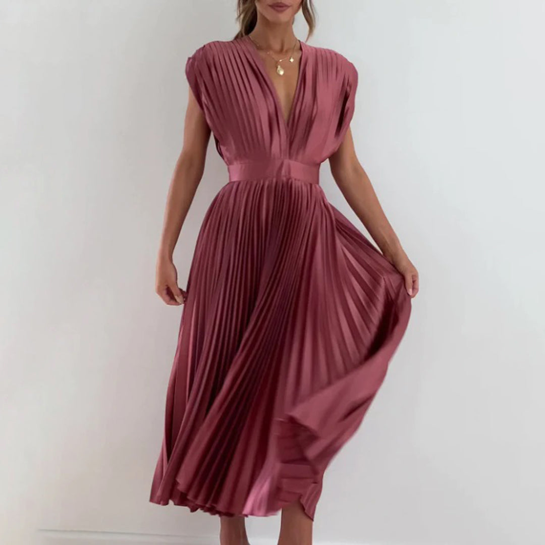 Mertxe Refined V-neck Pleated Maxi Dress for Women Sophisticated Look