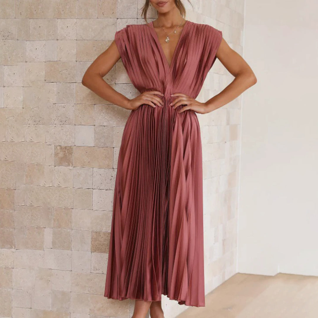 Mertxe Refined V-neck Pleated Maxi Dress for Women Sophisticated Look