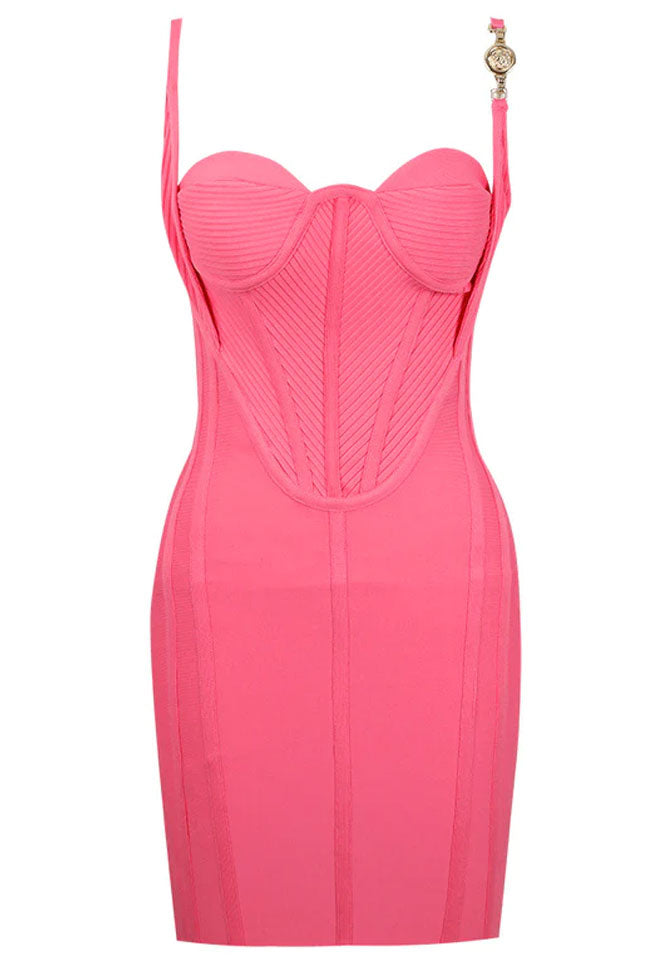 Layered Classy Sweetheart Metal Trim Bodycon Bandage Party Mini Dress - Pink