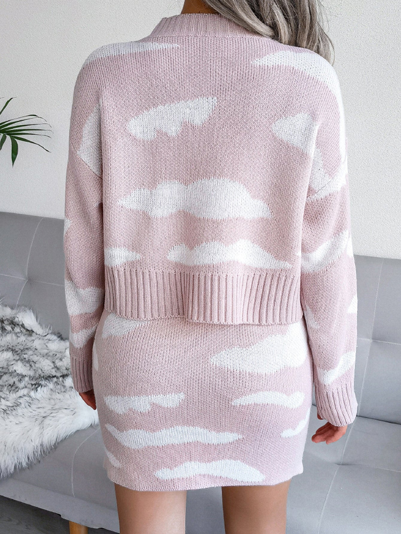 Pattern Clouds Drop Shoulder Sweater & Skirt