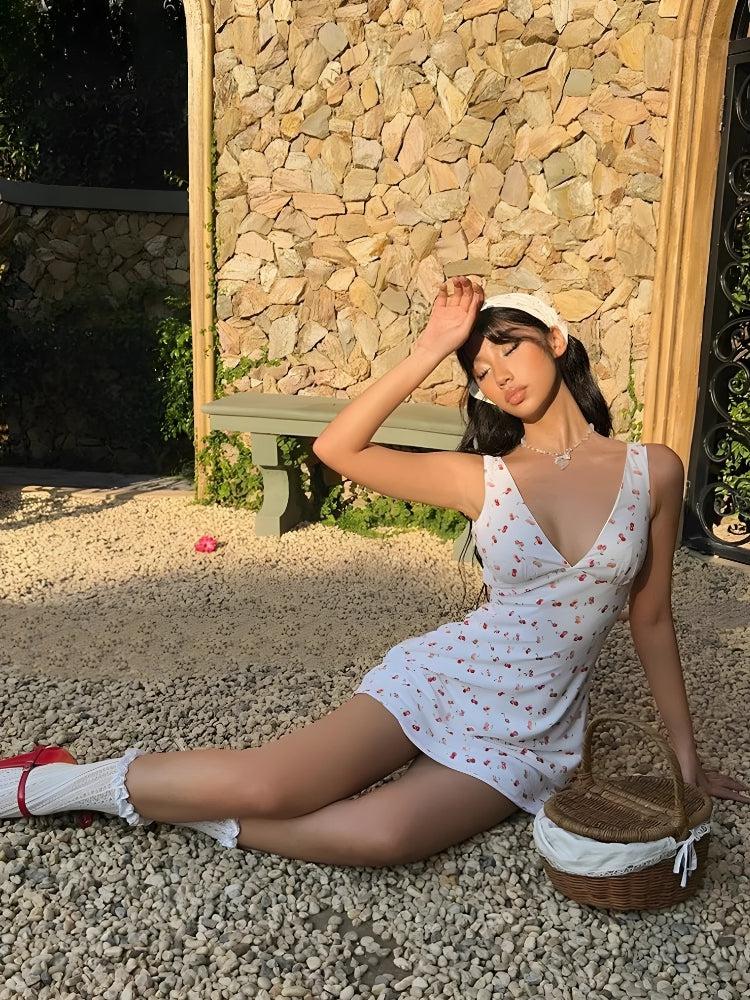 Cherry Coquette Plunge Neck Mini Dress
