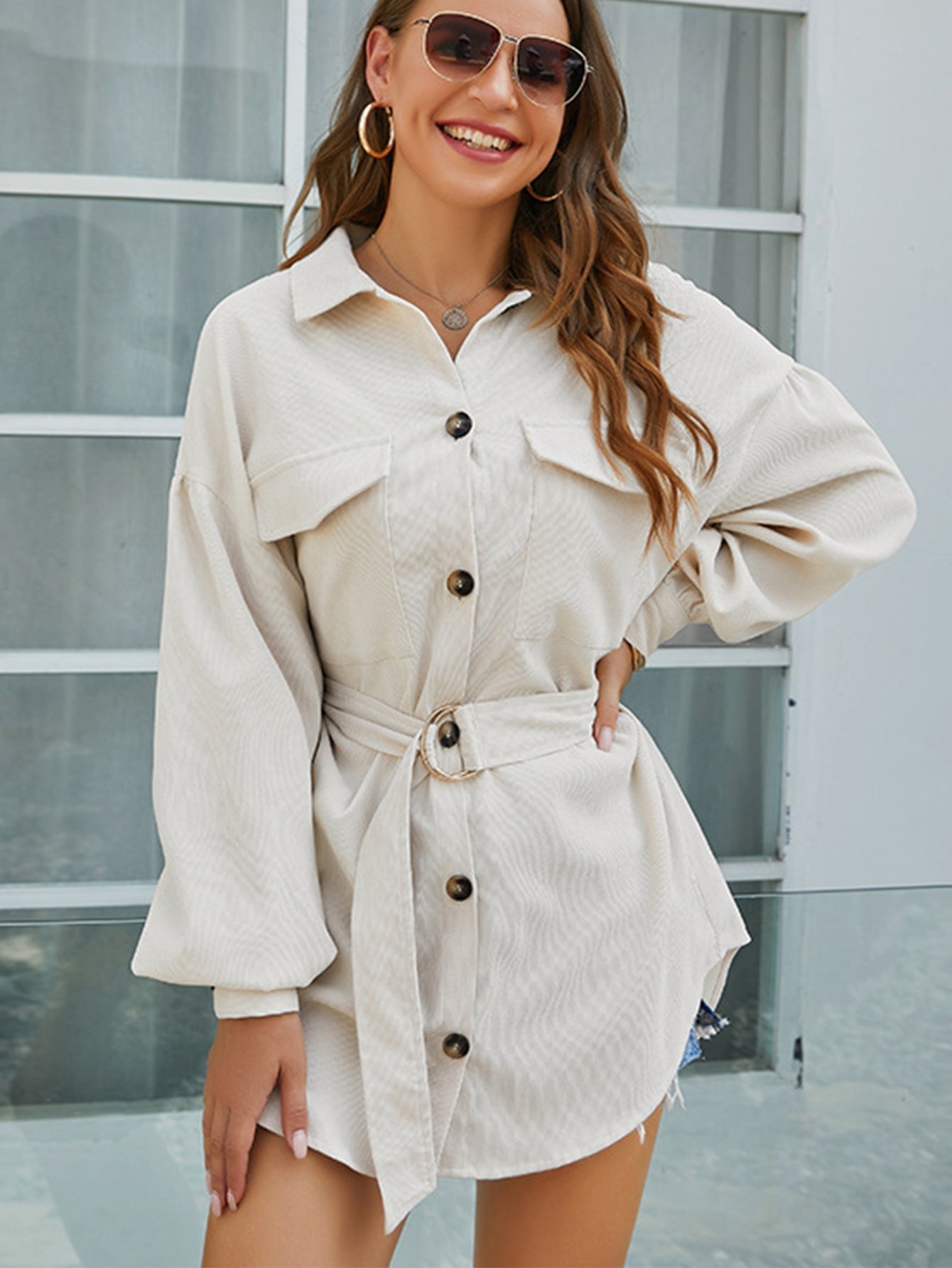 Front Cord Pockets Self Waist Tie Shirt Dress