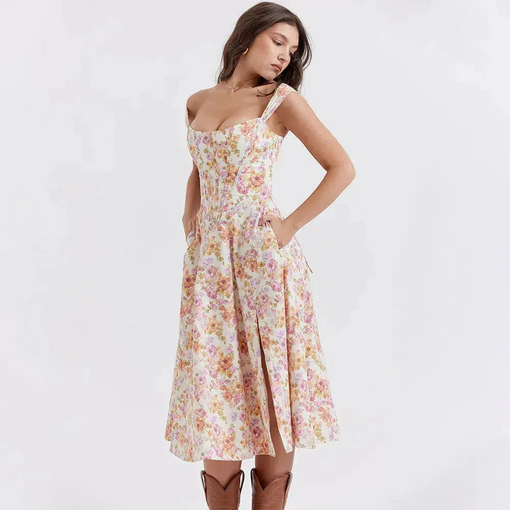 Cottagecore Flower Corset Midi Dress