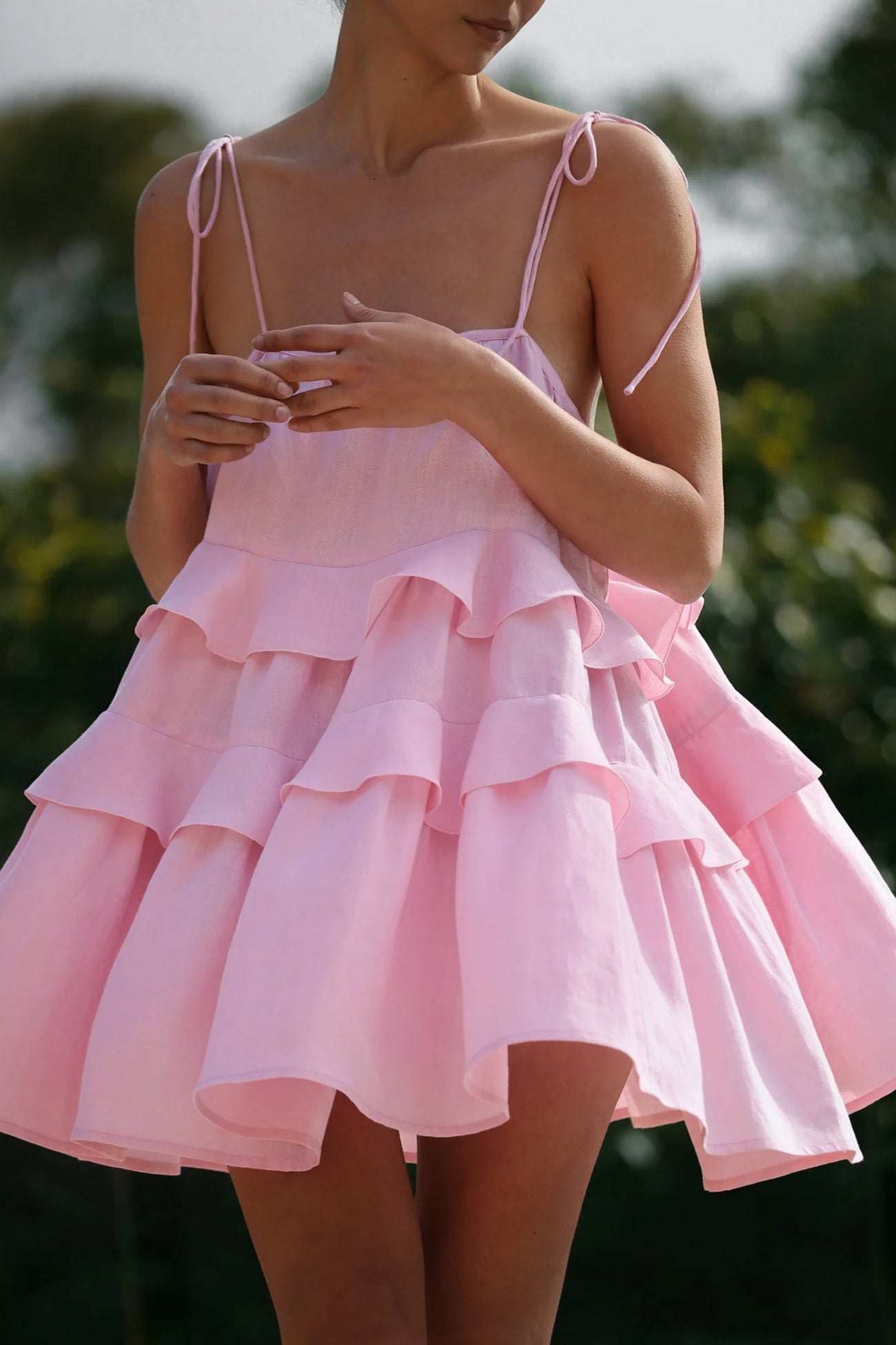 Tie-straps Cotton Tiered Cami Babydoll Dress