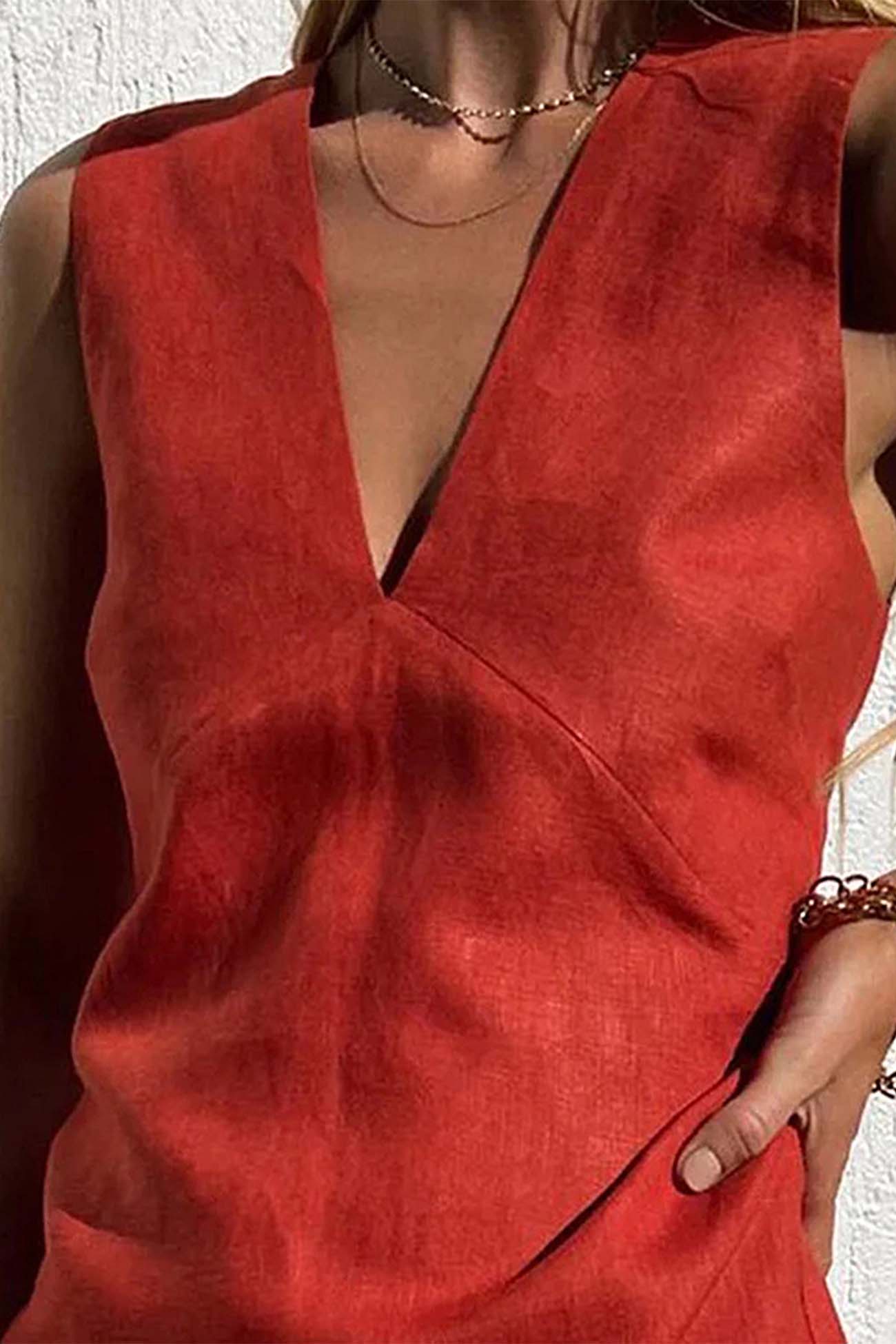 Linen Cotton V Neck Vest Mini Dress