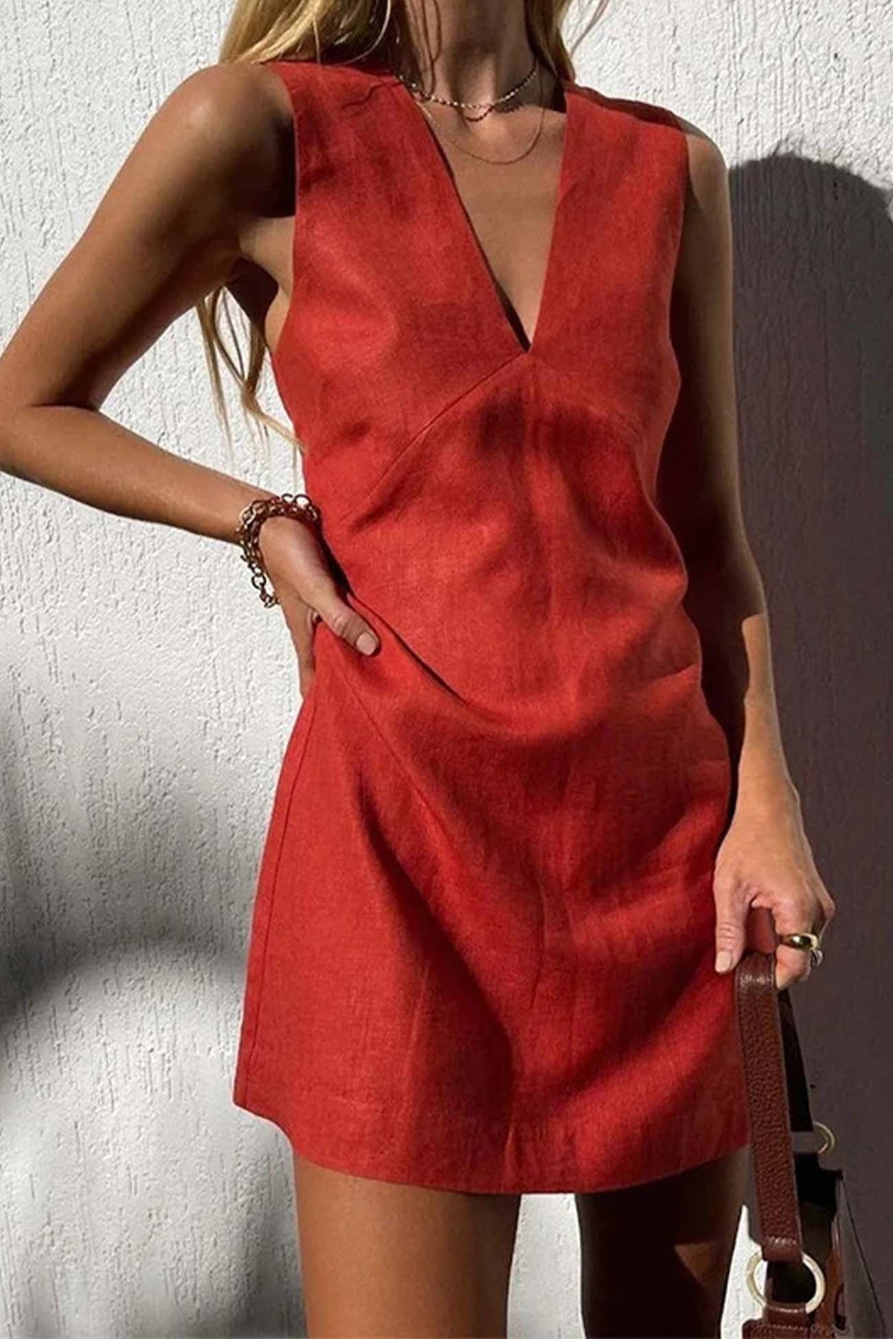 Linen Cotton V Neck Vest Mini Dress