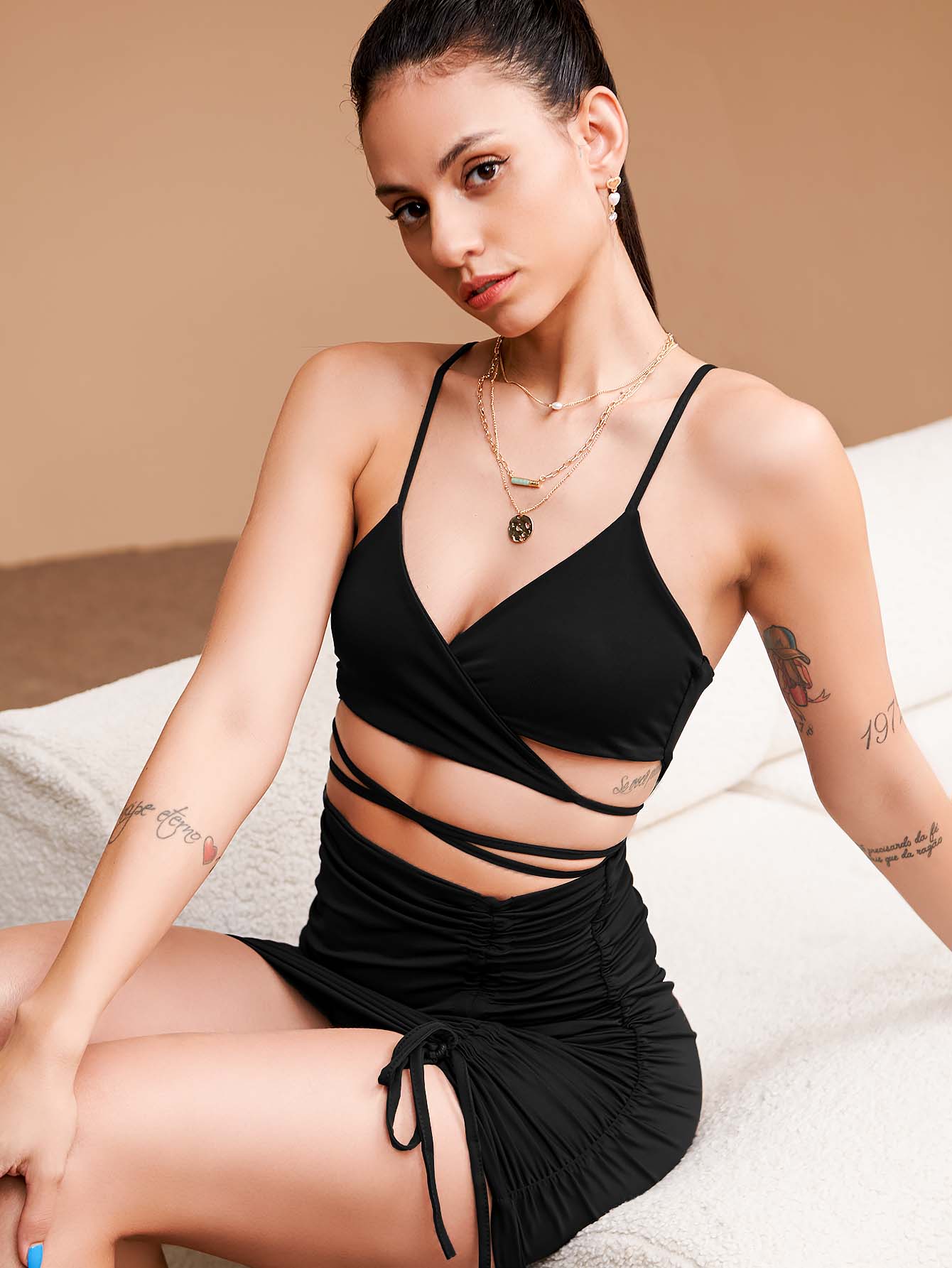 Cross Criss Cut Out Drawstring Side Ruched Cami Bodycon Dress