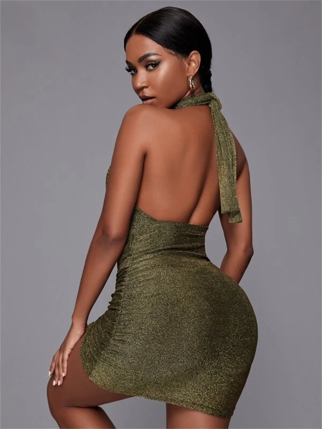 Out Cut Drawstring Side Backless Knot Glitter Bodycon Dress