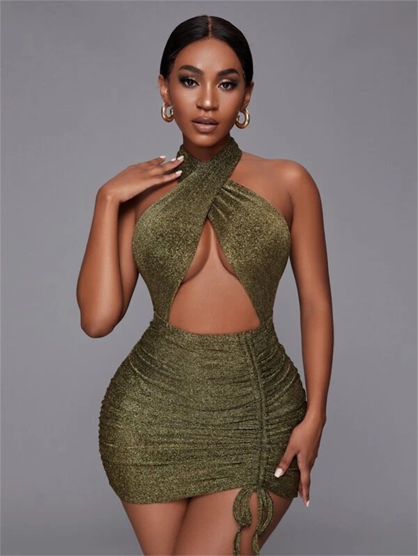 Out Cut Drawstring Side Backless Knot Glitter Bodycon Dress