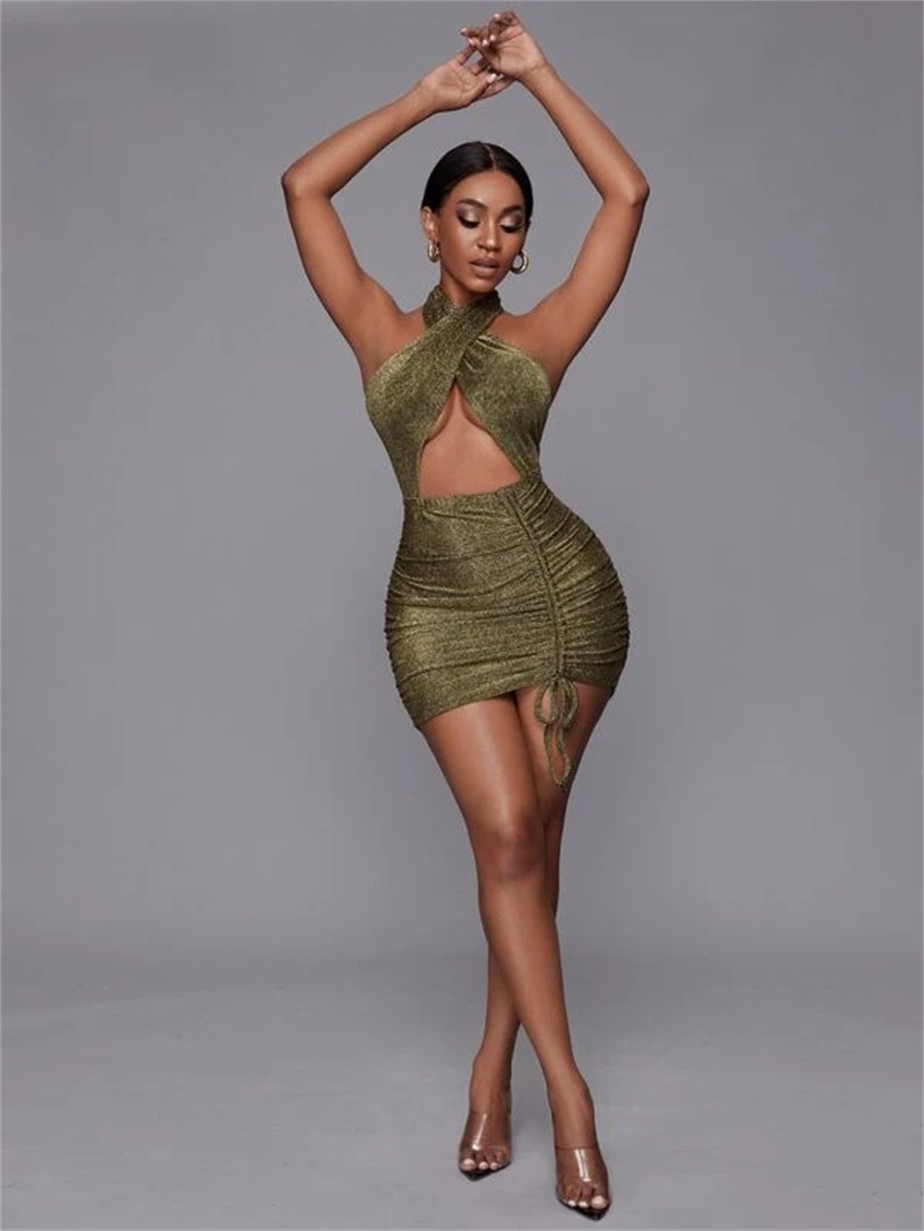 Out Cut Drawstring Side Backless Knot Glitter Bodycon Dress