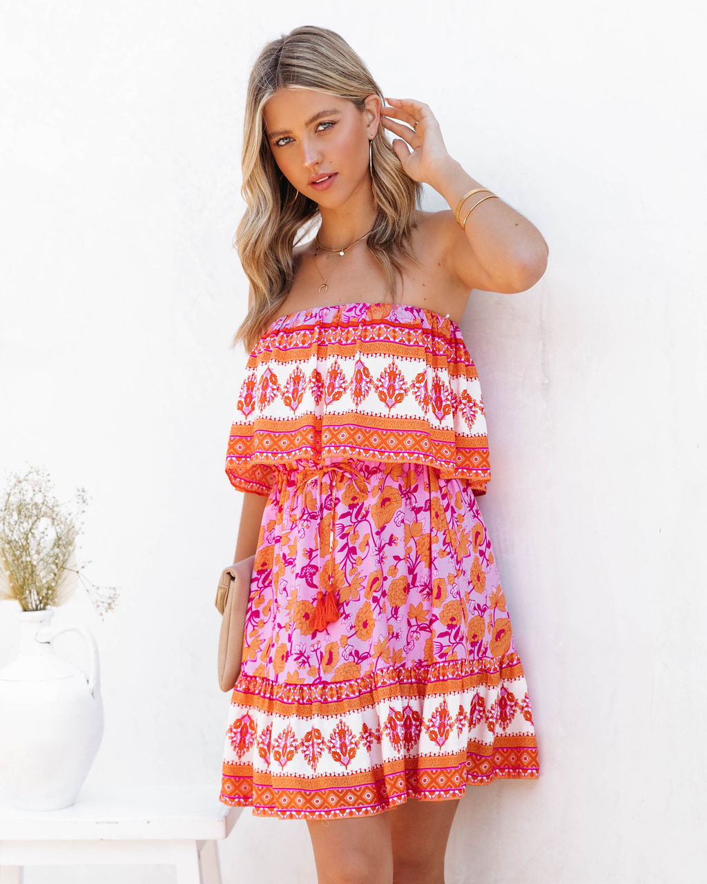 Daleyza Bloom Strapless Mini Dress Tangerine Fuchsia