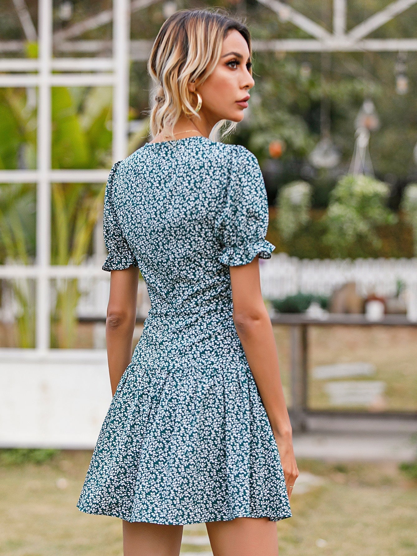 Disty Flower V Neck A Line Dress