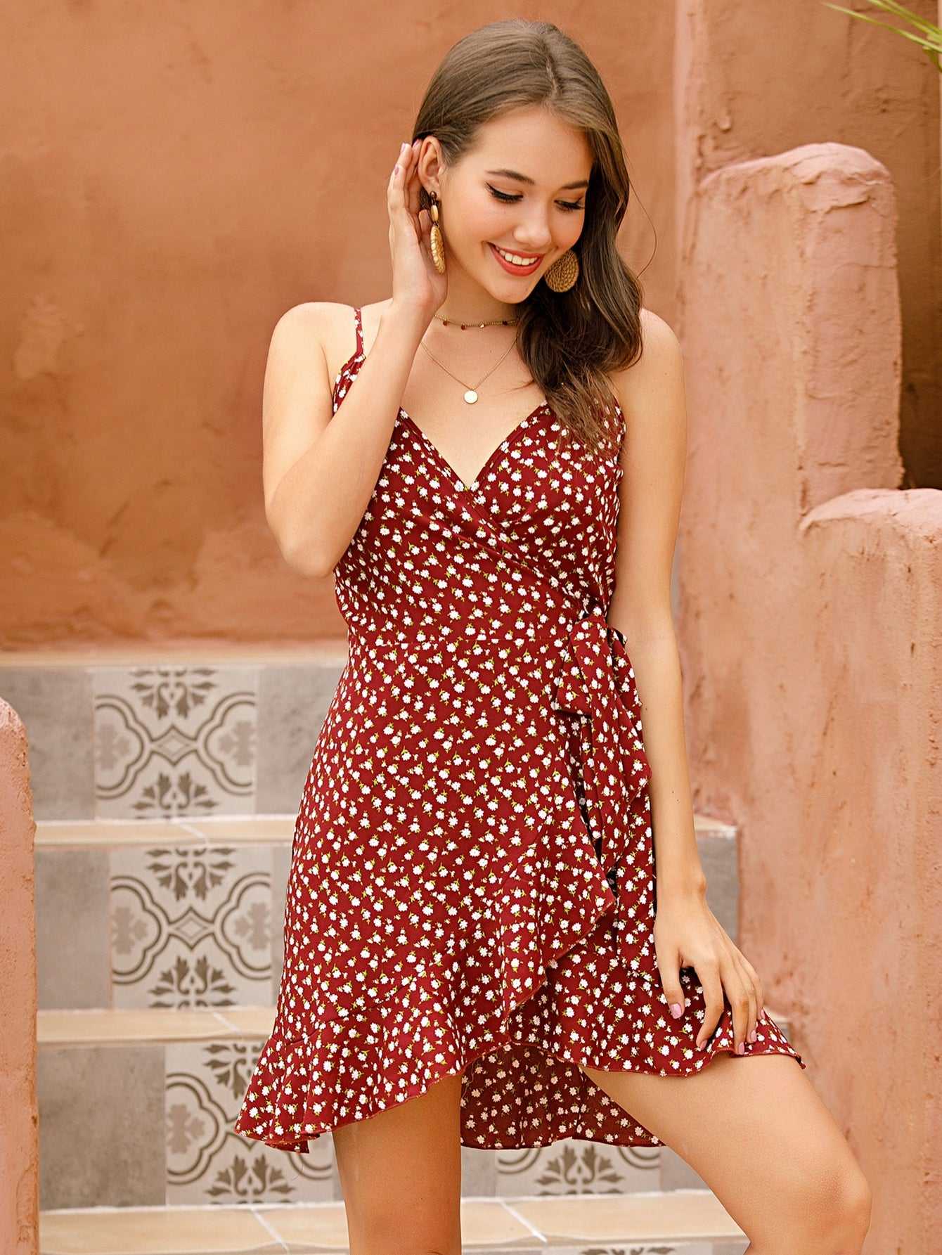 Ditsy Botanical Print ruffled hem Knot Side Wrap A line Cami Dress Polka