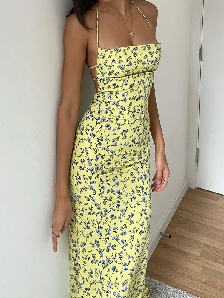 Dulzura Lace Up Halter Bloom Long Bodycon Club Streetwear Sun Midi Dresses