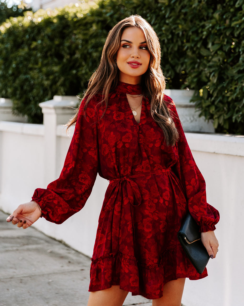 Mazy Pocketed Flower Keyhole Dress Wine