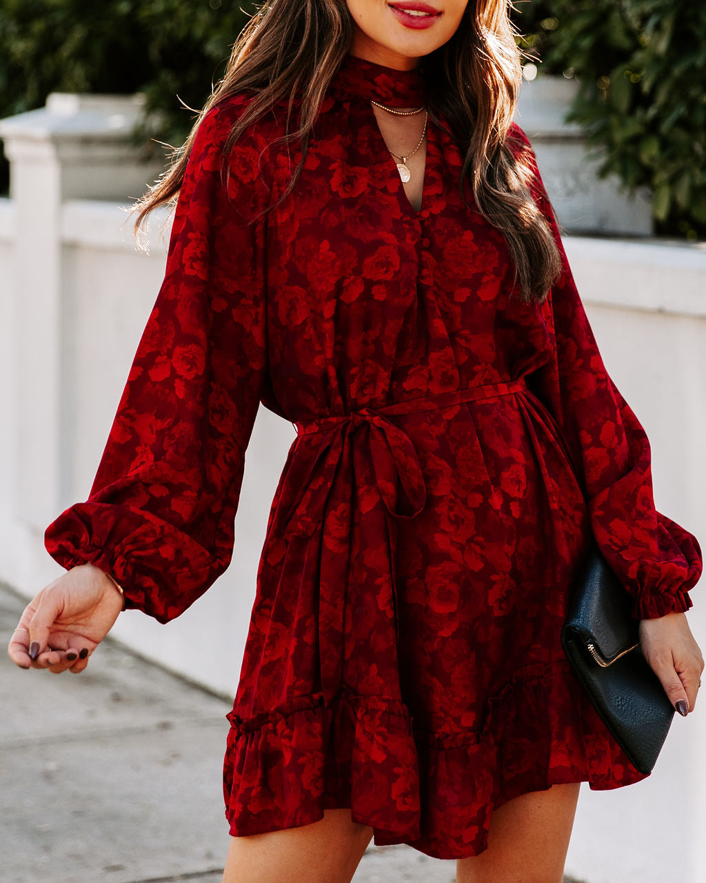Mazy Pocketed Flower Keyhole Dress Wine