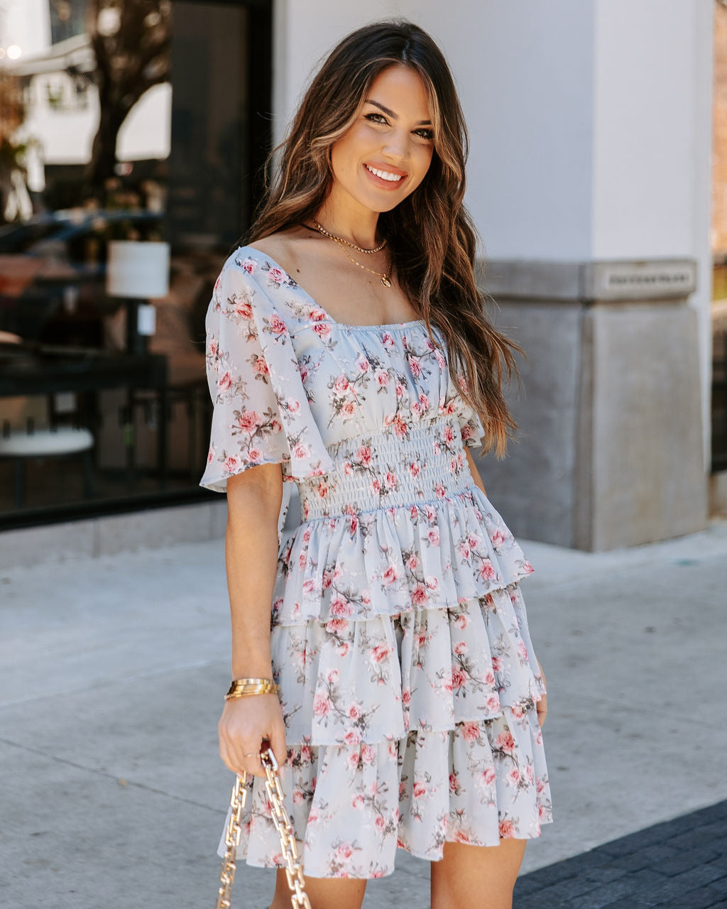 Brianna Bloom Ruffle Tiered Dress Light Blue