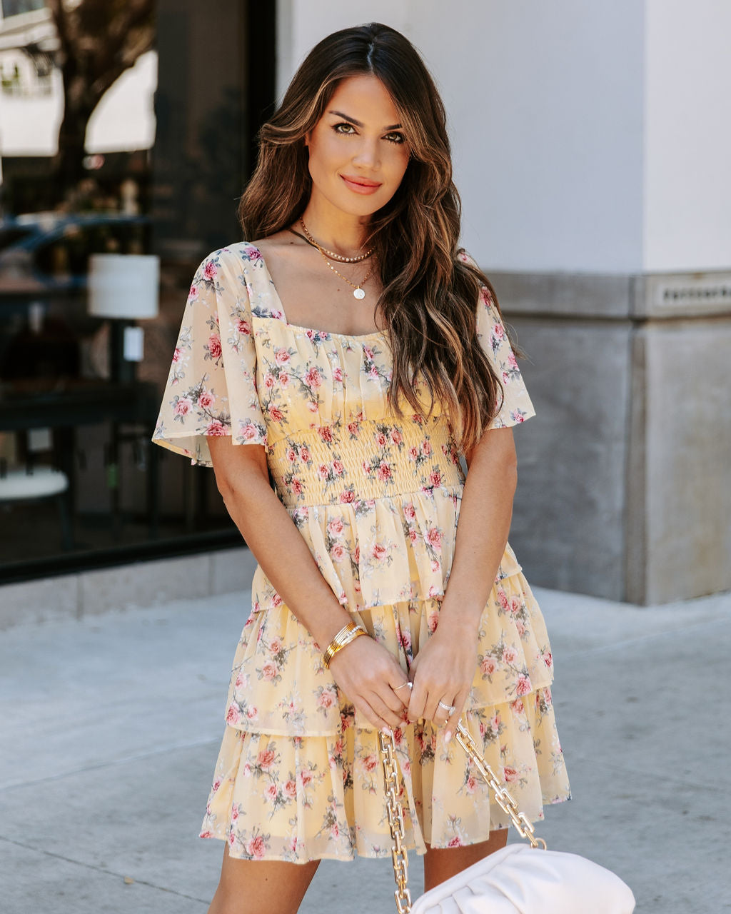 Brianna Flower Ruffle Tiered Dress Yellow