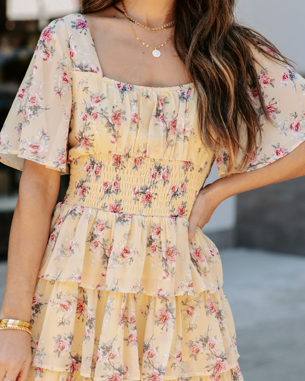 Brianna Flower Ruffle Tiered Dress Yellow