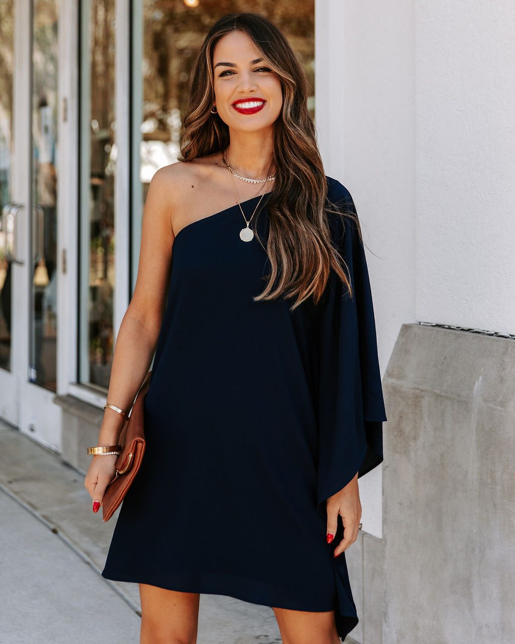 To Side Side One Shoulder Statement Dress Navy