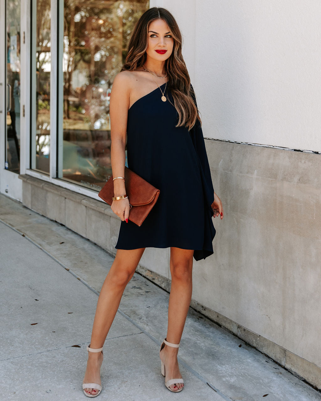 To Side Side One Shoulder Statement Dress Navy