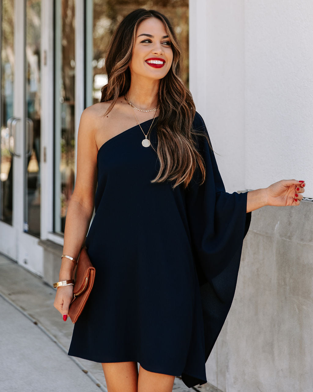 To Side Side One Shoulder Statement Dress Navy