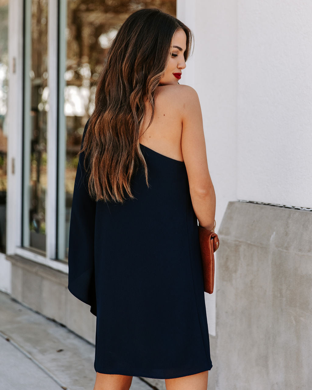 To Side Side One Shoulder Statement Dress Navy