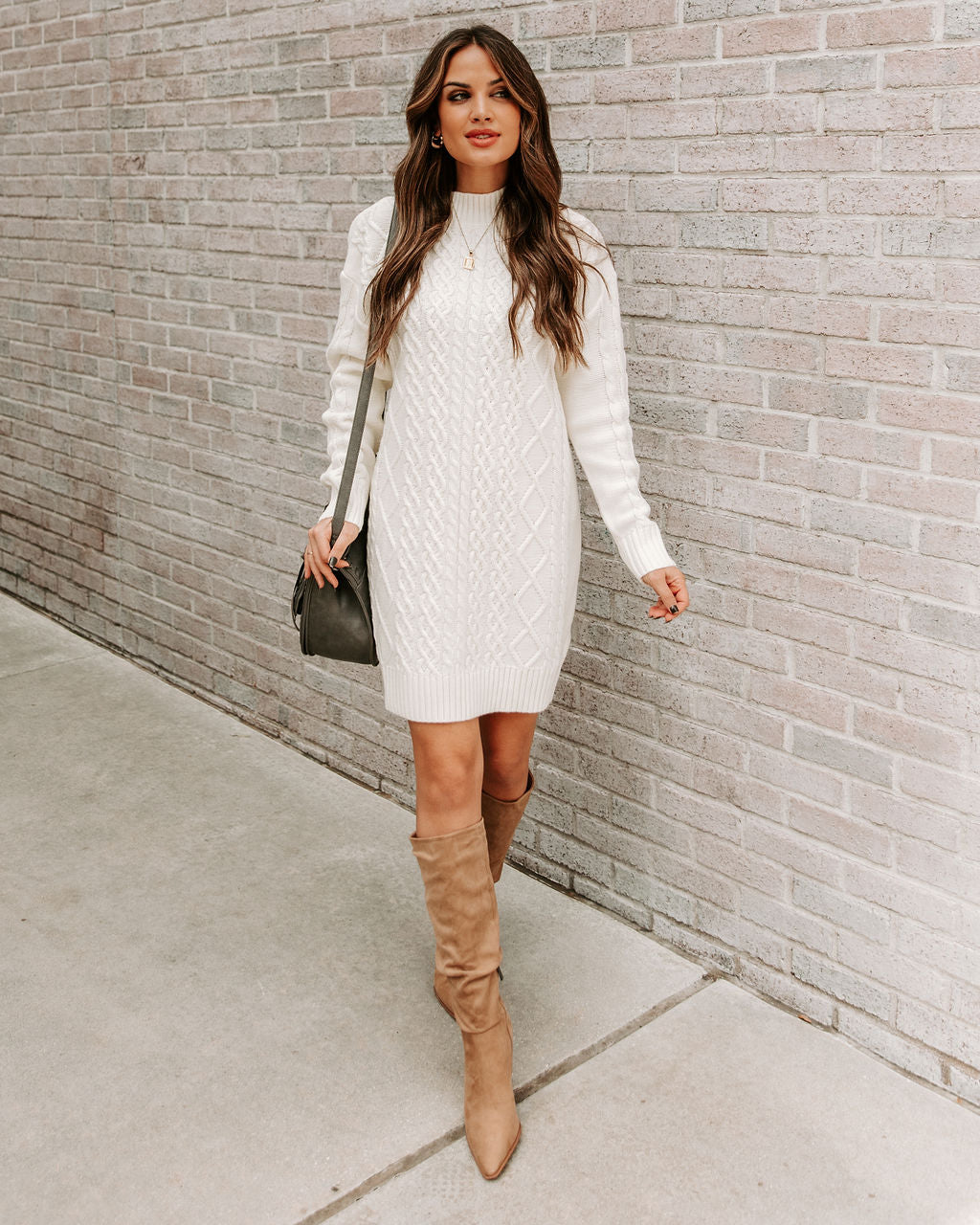 Peak Snow Cable Knit Sweater Dress Cream