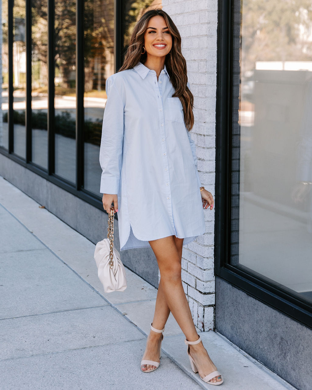 Business Risky Pocketed Button Down Shirt Dress Sky Blue