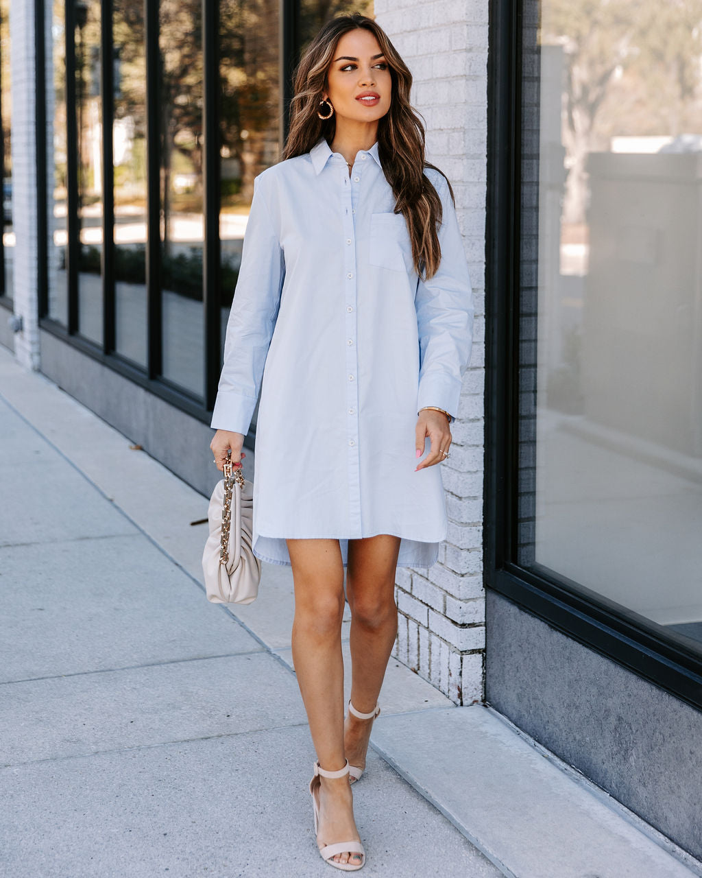 Business Risky Pocketed Button Down Shirt Dress Sky Blue