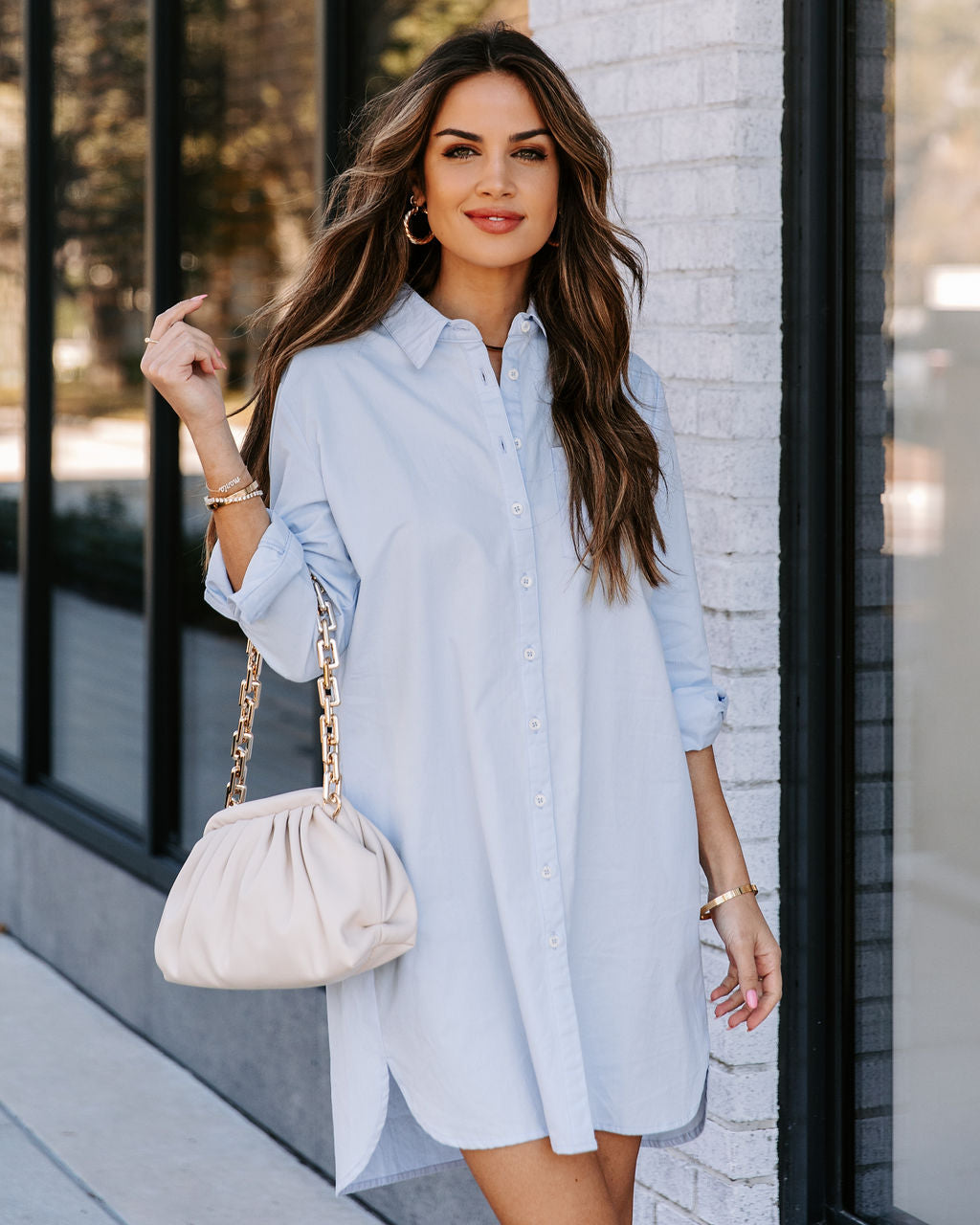 Business Risky Pocketed Button Down Shirt Dress Sky Blue