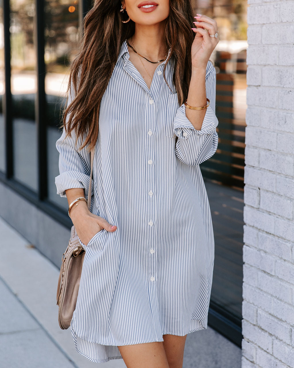 Pocketed Nolita Striped Button Down Shirt Dress