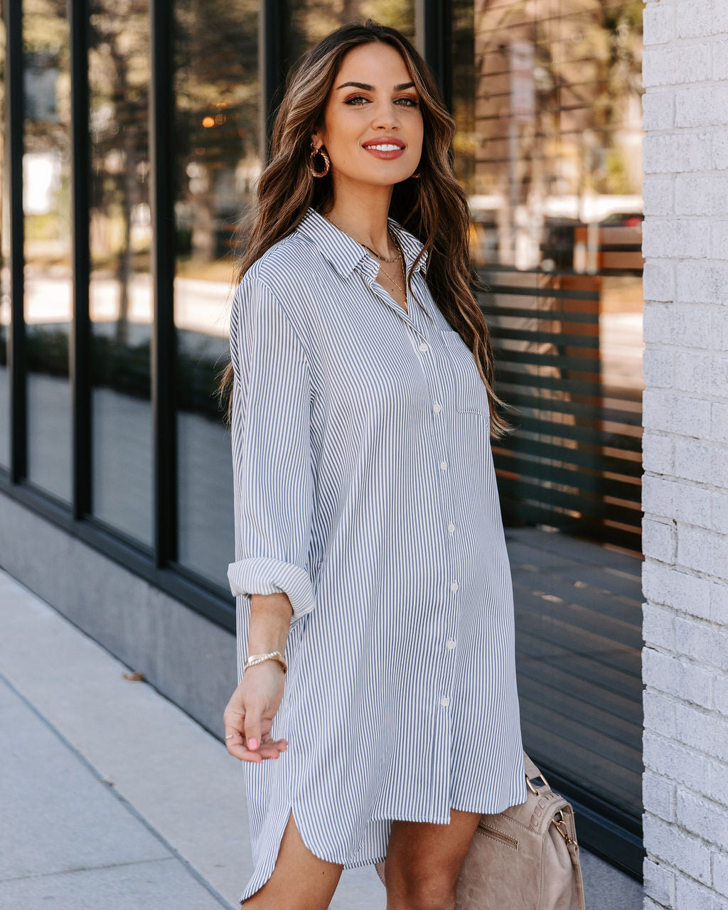 Pocketed Nolita Striped Button Down Shirt Dress