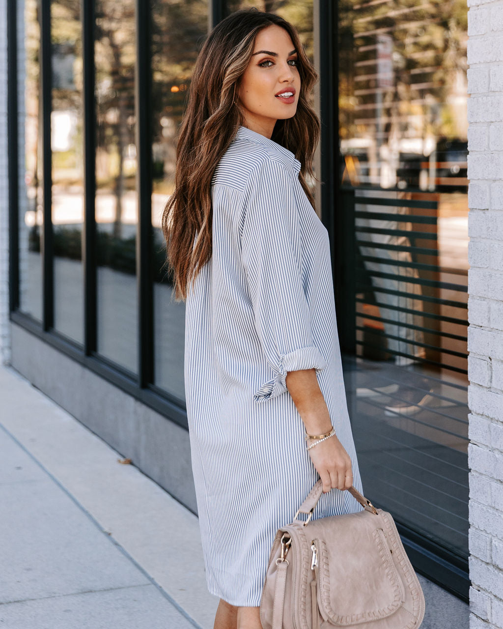 Pocketed Nolita Striped Button Down Shirt Dress