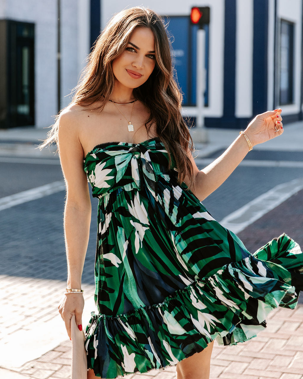 Leaf Hosta Strapless Tie Front Babydoll Dress