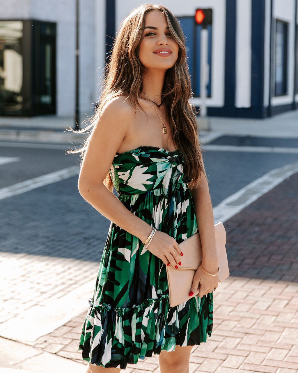 Leaf Hosta Strapless Tie Front Babydoll Dress