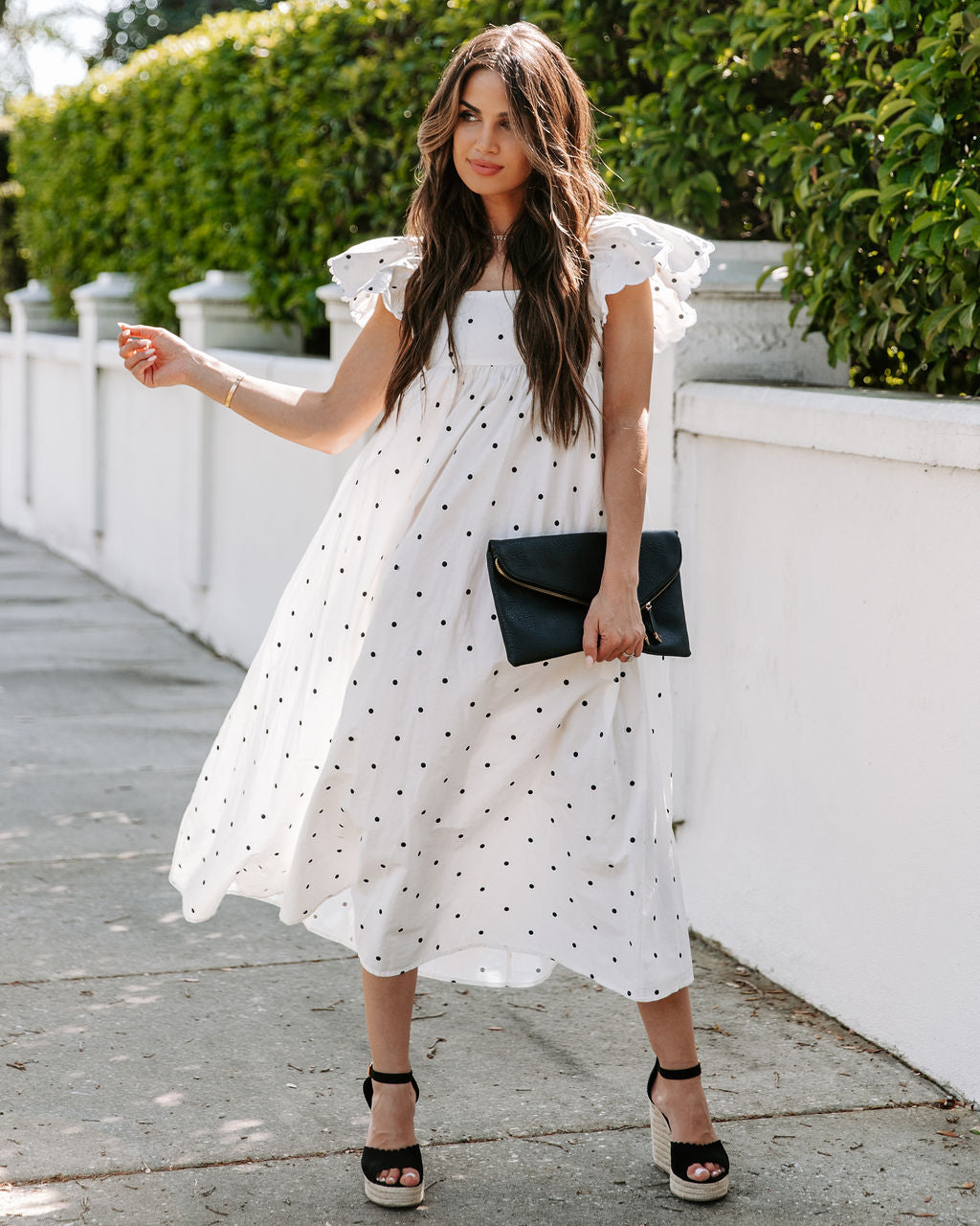 Cotton Edith Pocketed Polka Dot Midi Dress White