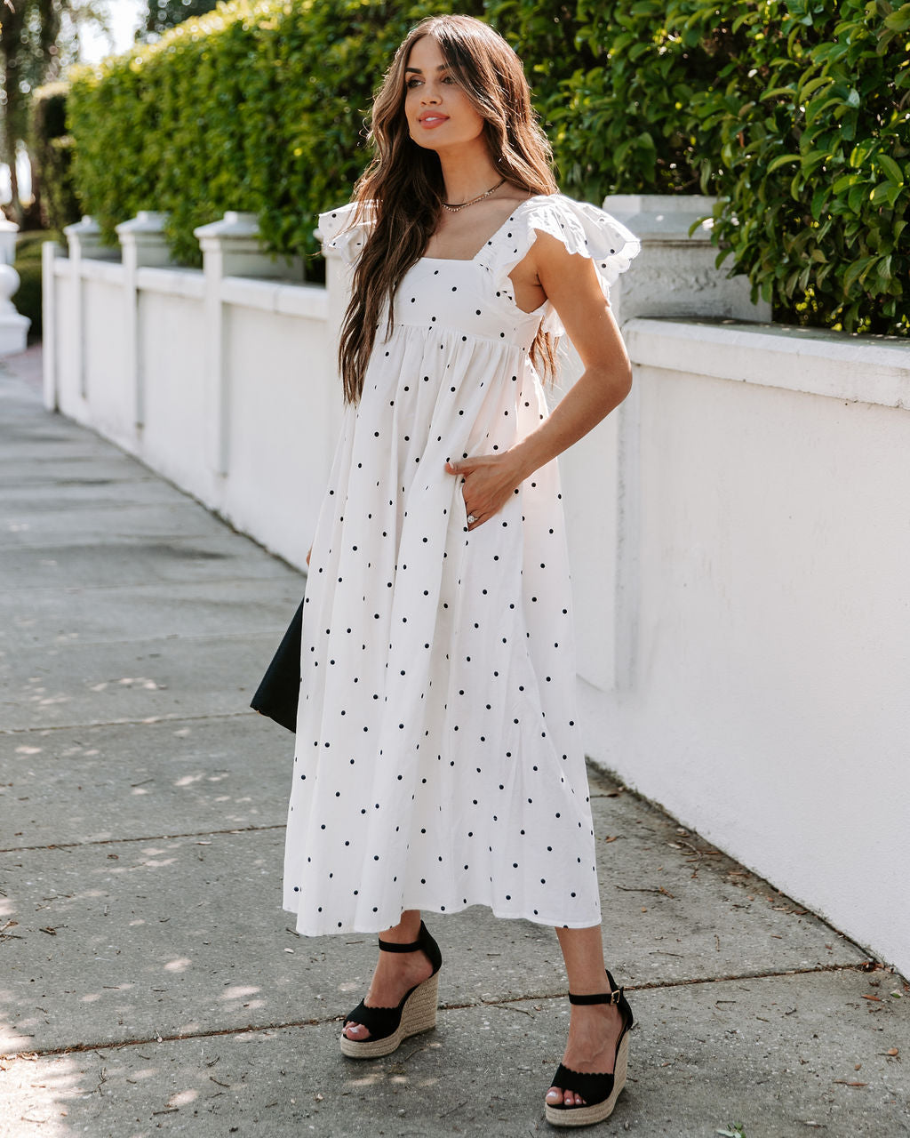 Cotton Edith Pocketed Polka Dot Midi Dress White