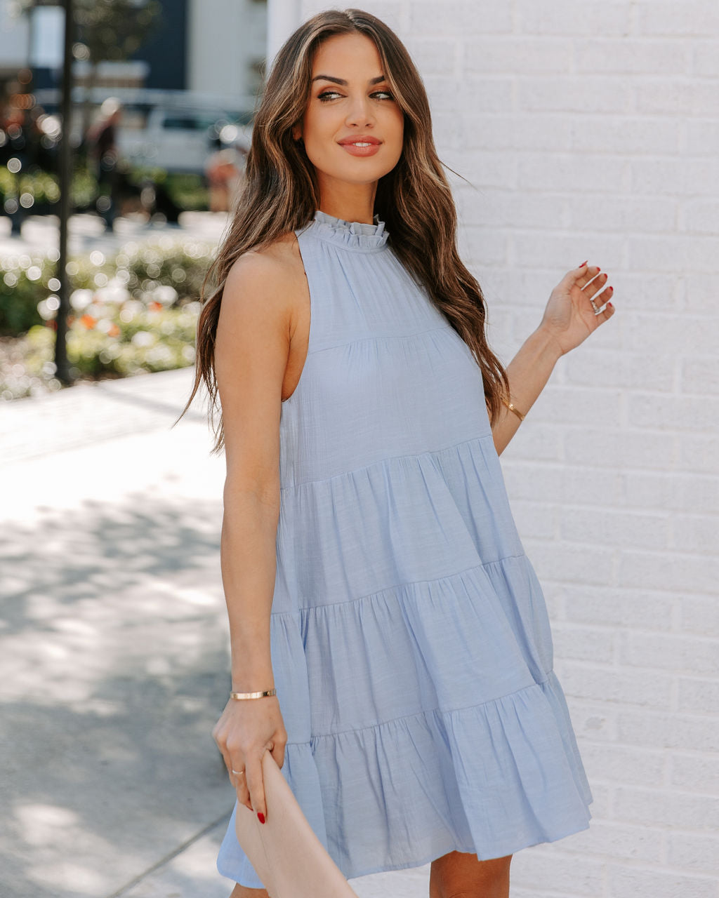 Pocketed Brenley Tiered Babydoll Dress Baby Blue