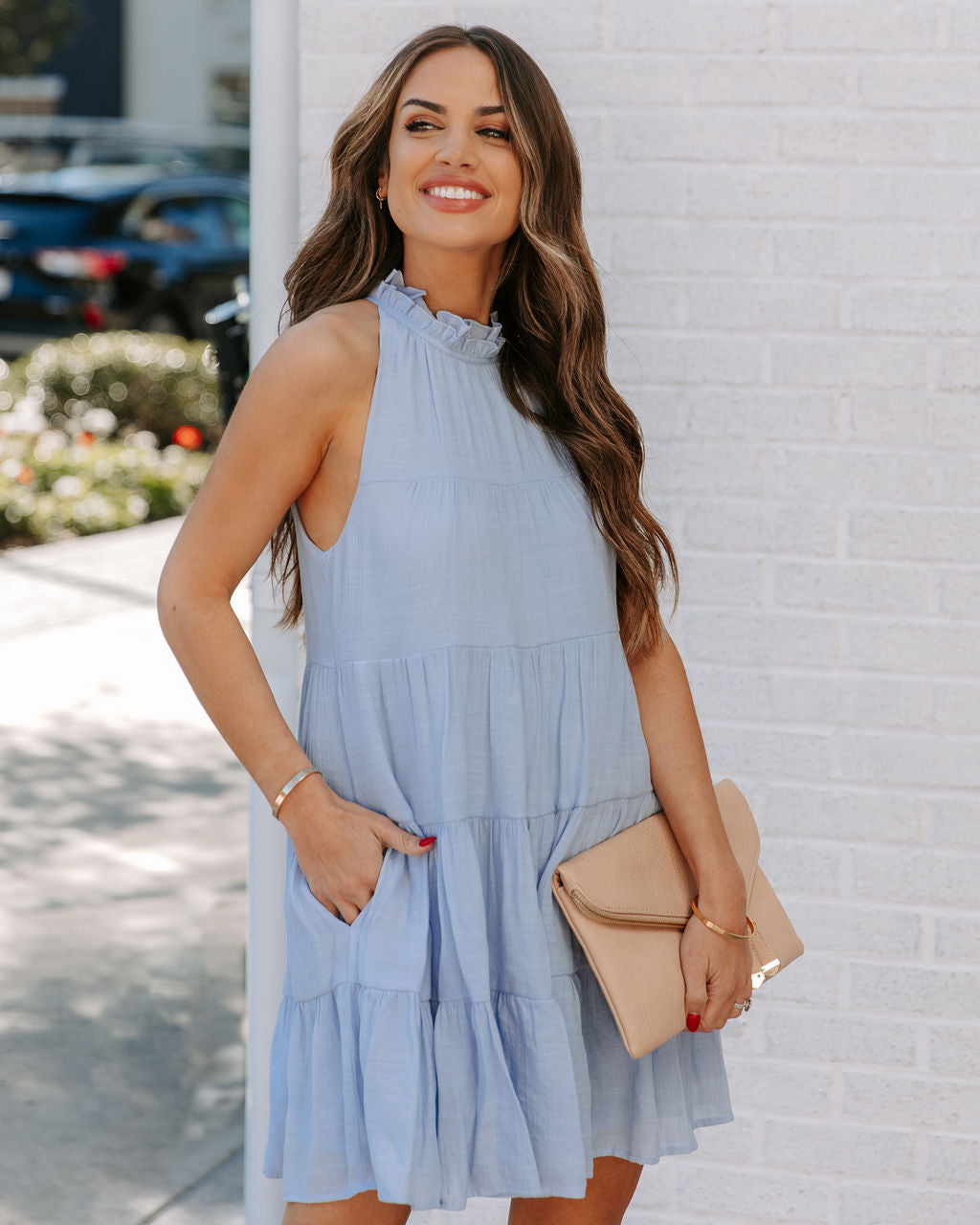 Pocketed Brenley Tiered Babydoll Dress Baby Blue