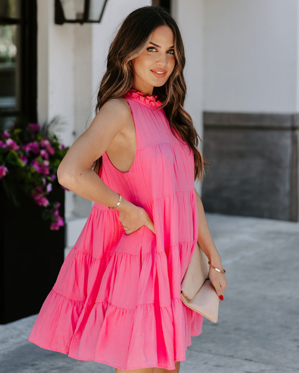 Pocketed Brenley Tiered Babydoll Dress Pink