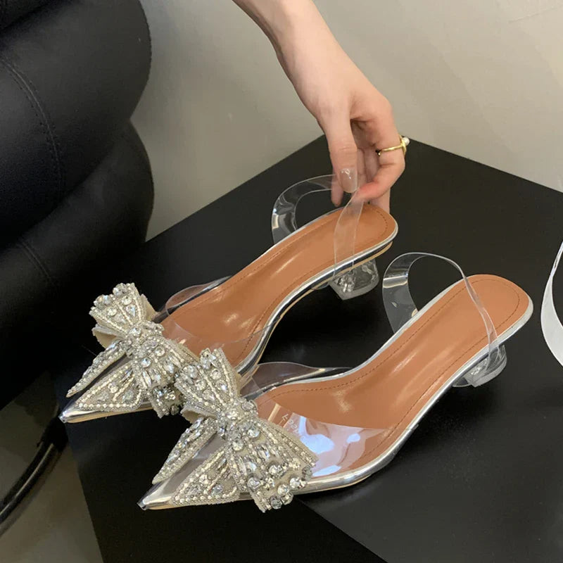Graceful PVC Transparent Sequined Bowknot Women High Party Prom Shoes Low Heel Pumps