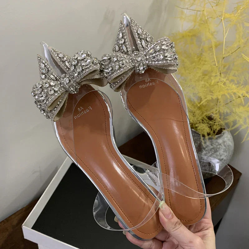 Graceful PVC Transparent Sequined Bowknot Women High Party Prom Shoes Low Heel Pumps