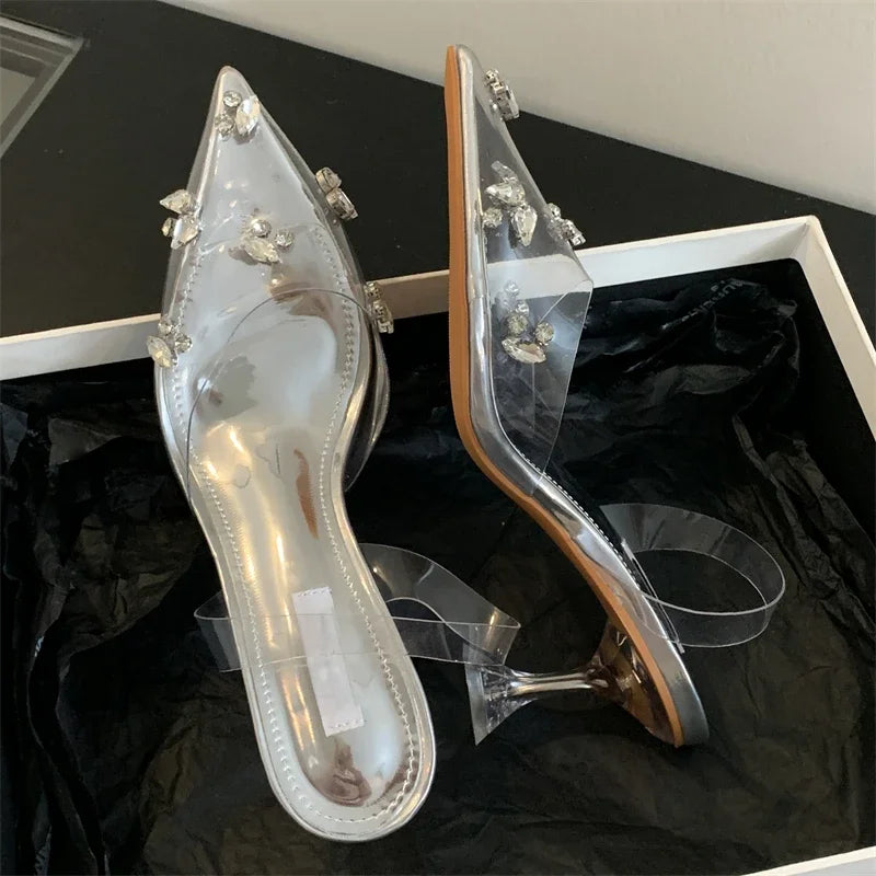 Street Style Mule Women Fashion PVC Transparent Graceful Pointed Toe Party Prom Shoes Low Heel Pumps