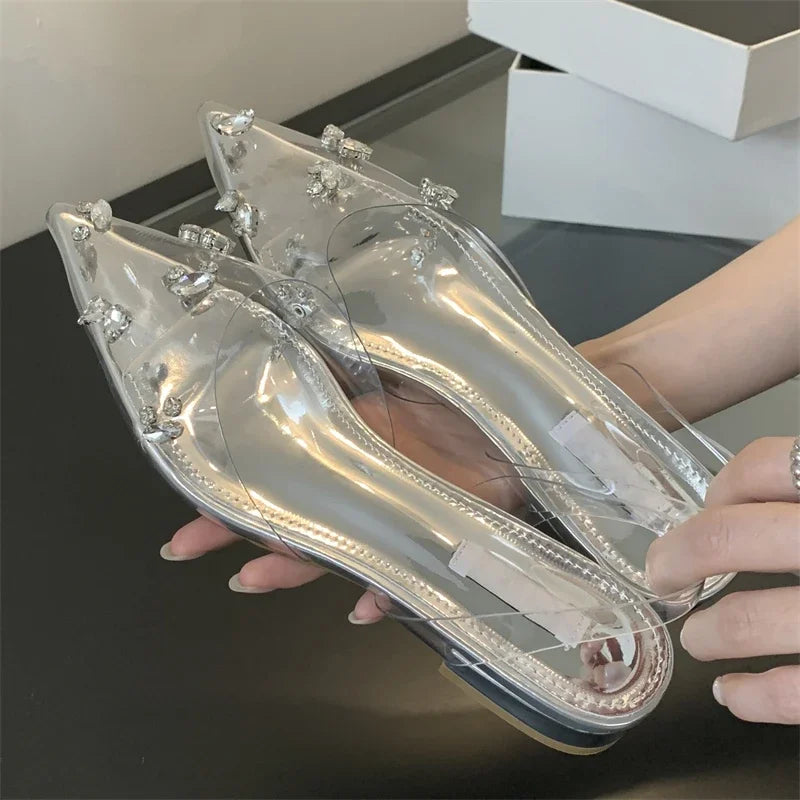 Street Style Mule Women Fashion PVC Transparent Graceful Pointed Toe Party Prom Shoes Low Heel Pumps