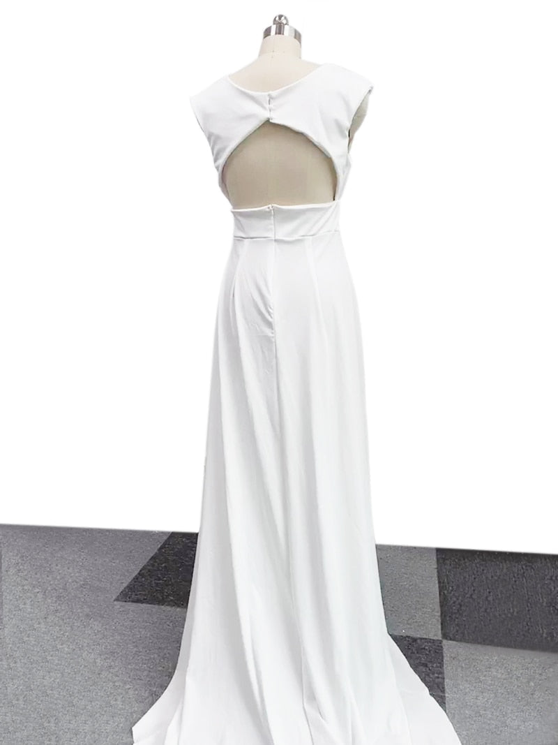 Graceful Casual Women's Dresses Vneck Side Slit Backless White Long Skirt Wedding