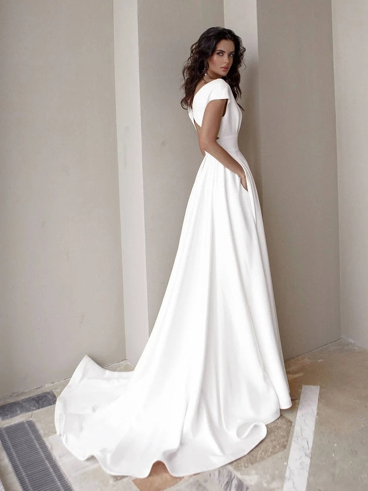 Graceful Casual Women's Dresses Vneck Side Slit Backless White Long Skirt Wedding